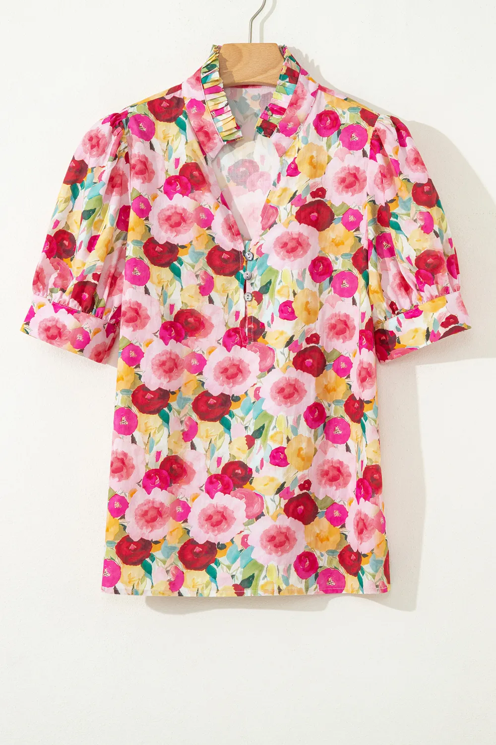 Pink Floral Frilled V Neck Blouse