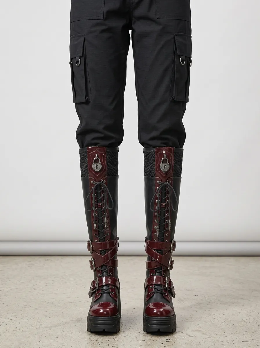 Classic Gothic Skull Chain Collection Women's Gothic Platform Knee High Boots