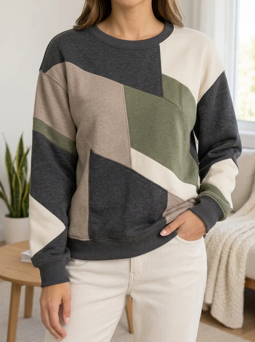 Women's Casual Style Geometric Colorblock Printed Fleece Sweatshirt