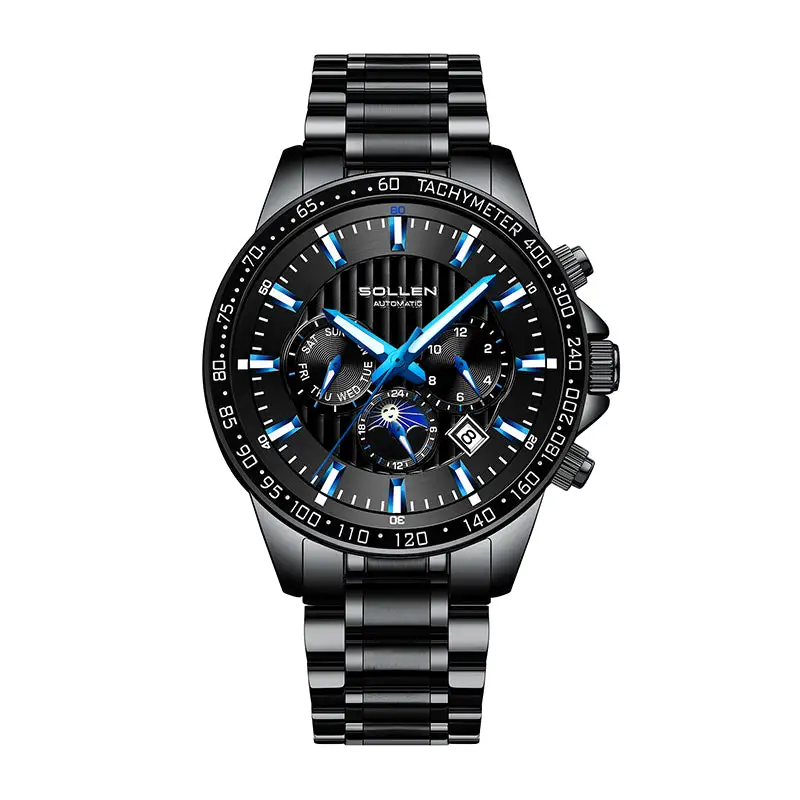 Sollen SL608 Automatic Watch - Men's Multi-Function Moonphase Stainless Steel 5-Bead Bracelet Wristwatch