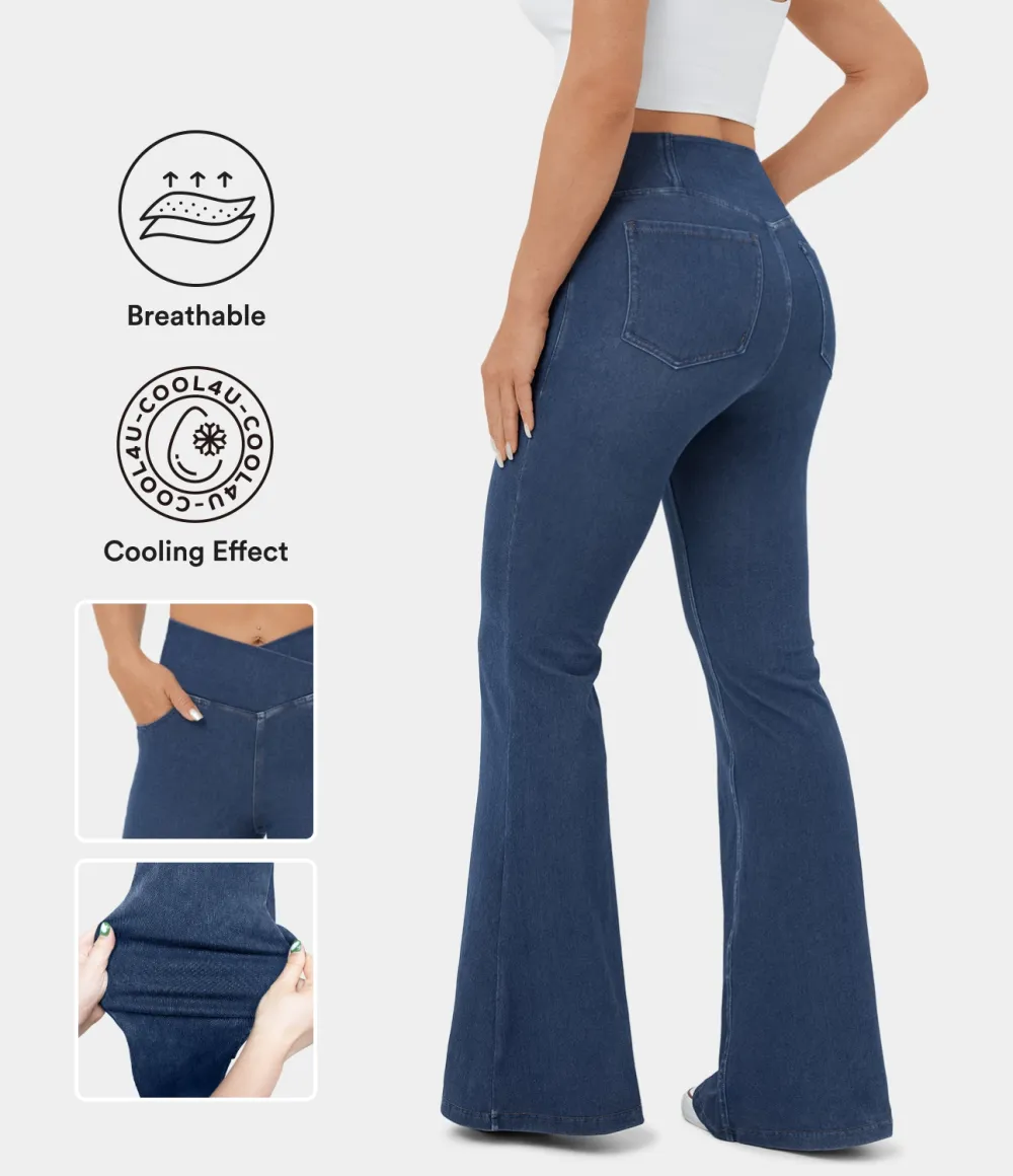 Magic High Waisted Crossover Pocket Cool Touch Washed Stretchy Knit Casual Super Flare Jeans