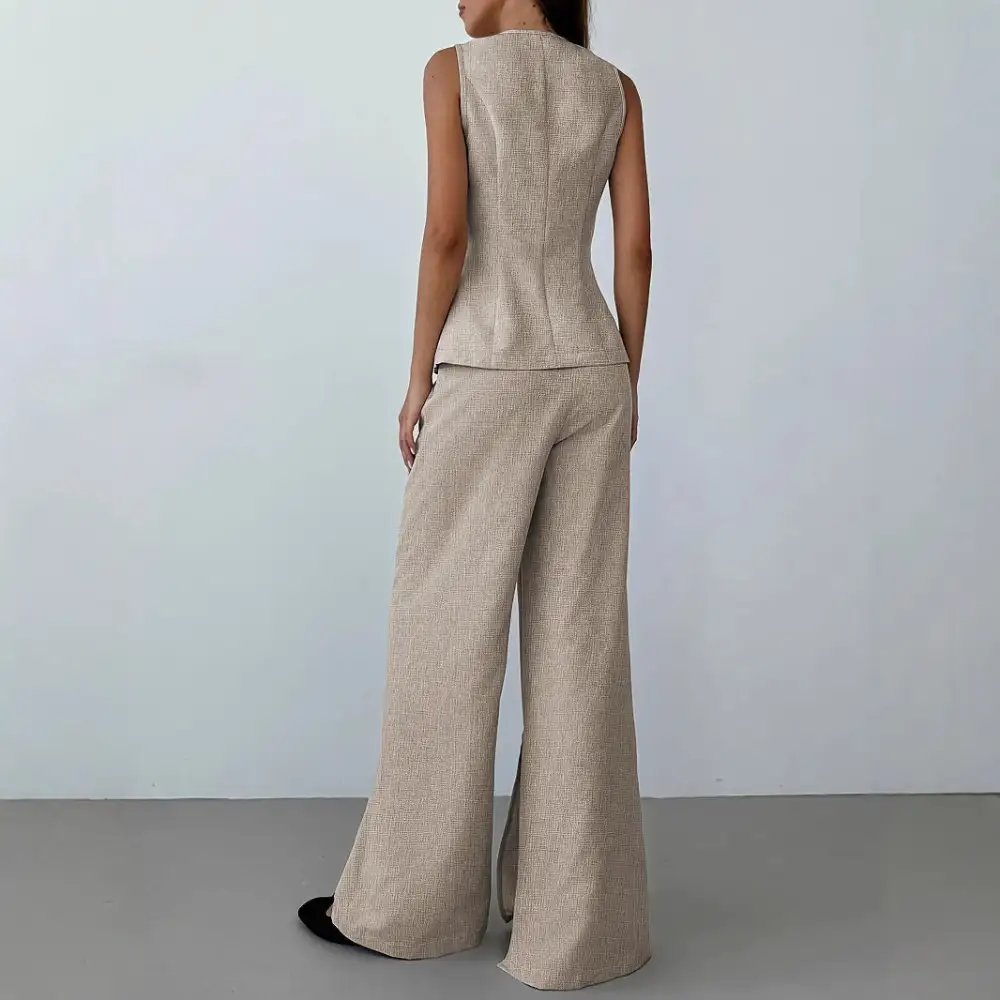 Relaxed V Neck Vest Split Leg Pants Set