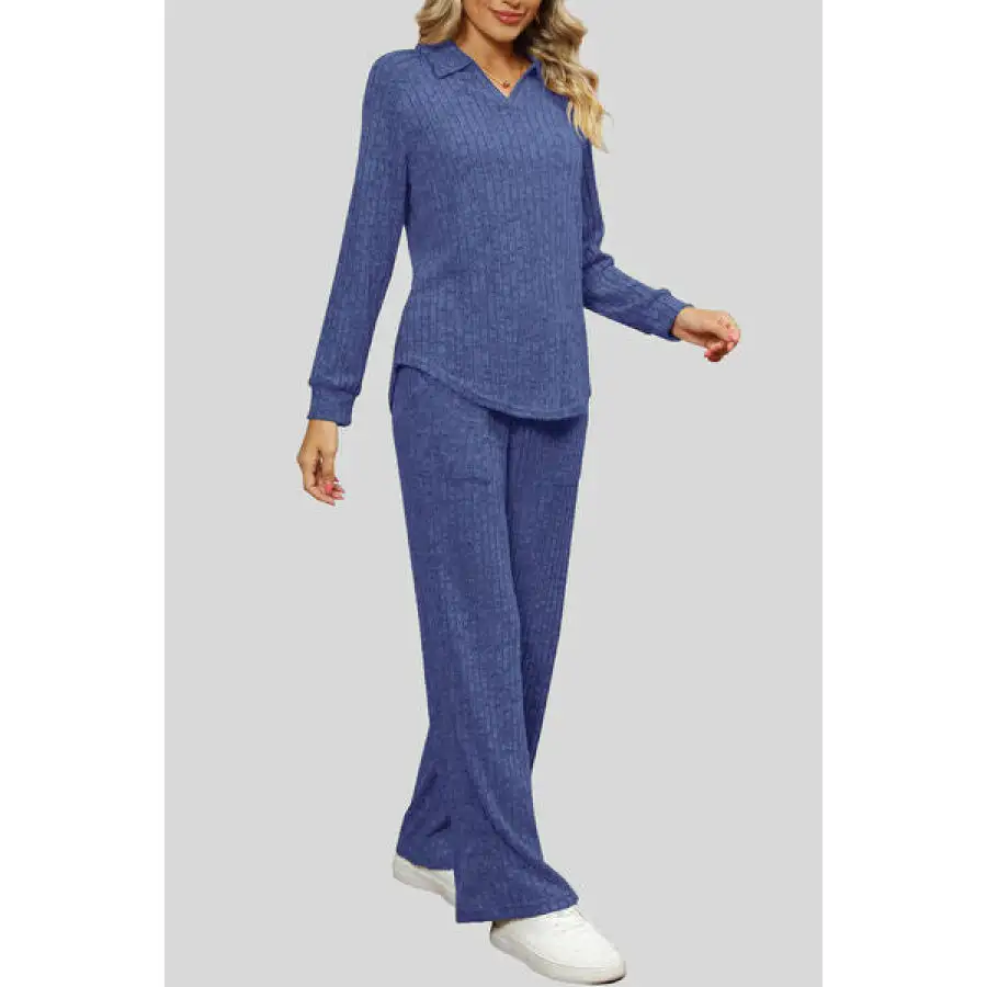 Ribbed Long Sleeve Top and Pocketed Pants Set