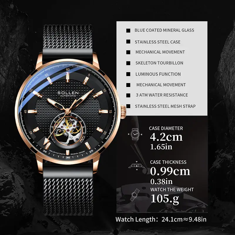 Sollen SL362 Men's Open Heart Automatic Mechanical Watch - 42mm Stainless Steel Case Slim 9.9mm Ice Blue Luminous Markers Mesh Bracelet Wristwatch
