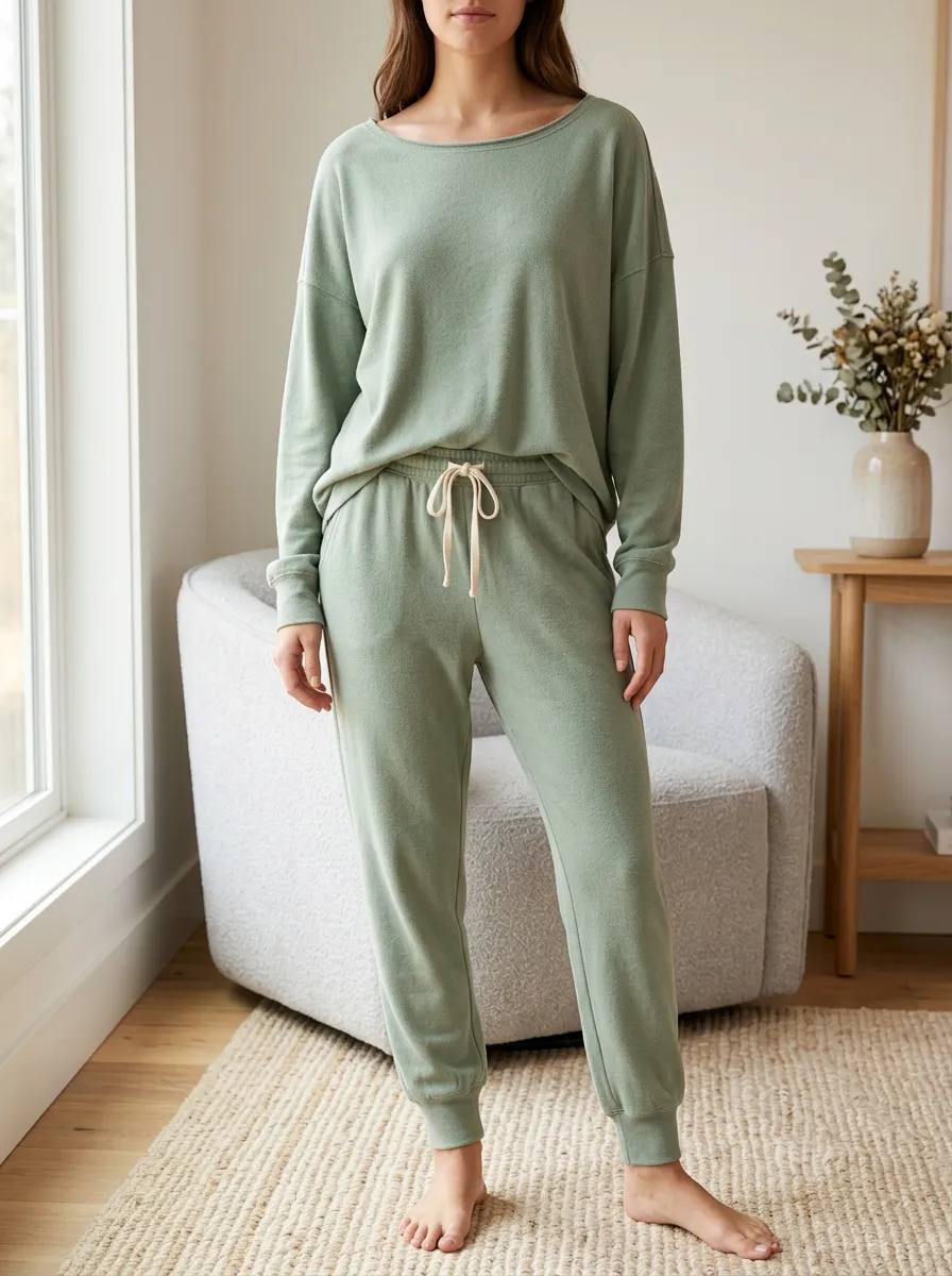 Women's Sage Green Solid Color Long Sleeve Relaxed Lounge Set