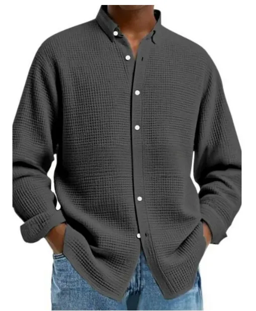 Men's Solid Color Waffle Knit Fashion Casual Long Sleeve Shirt Cardigan
