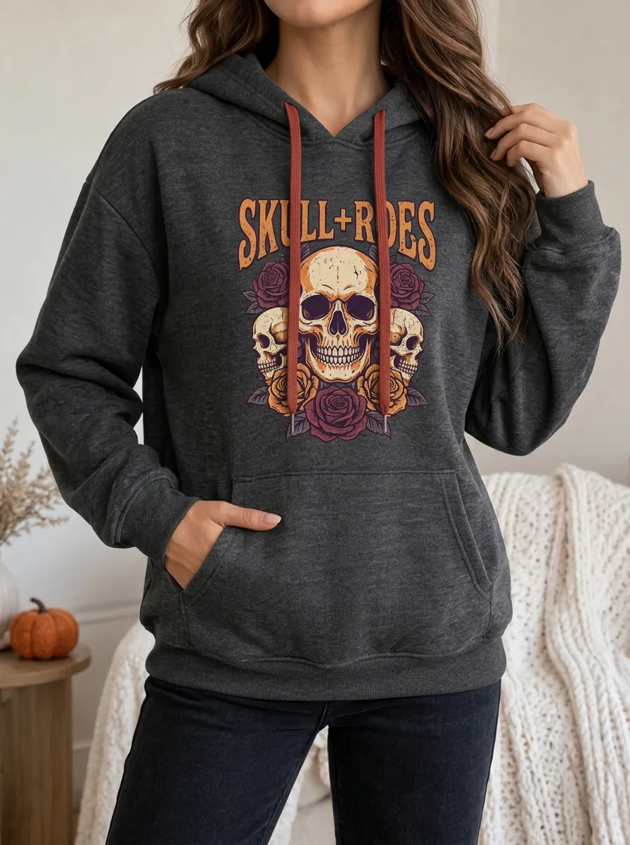 Women's Halloween Skull Roses Printed Hoodie