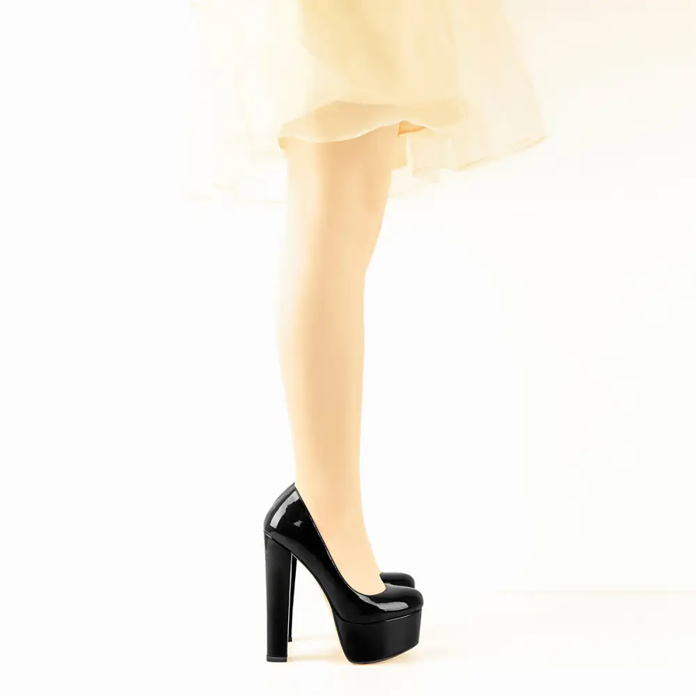 Modern Patent Finish Round Toe Platform Chunky Heel Pumps