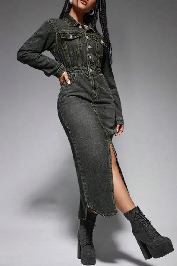 Washed Denim Mid-Slit Midi Dress