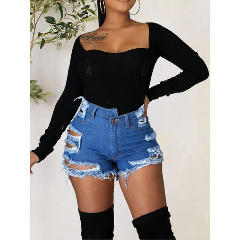 Distressed Raw-Hem Denim Shorts with Pockets