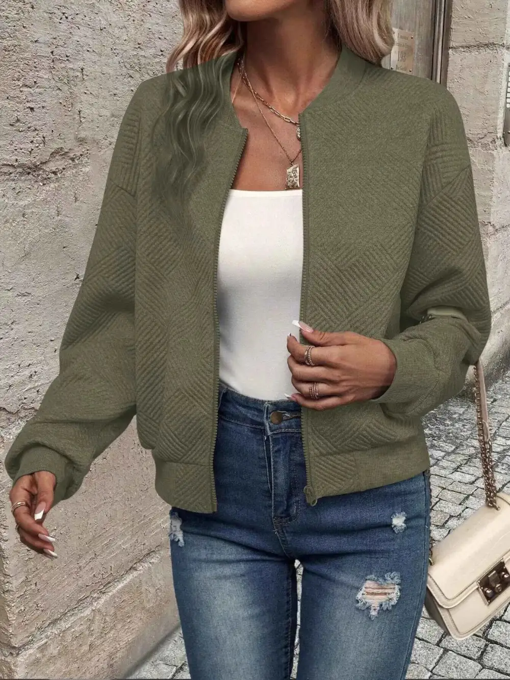 Texture Zip-Up Bomber Jacket