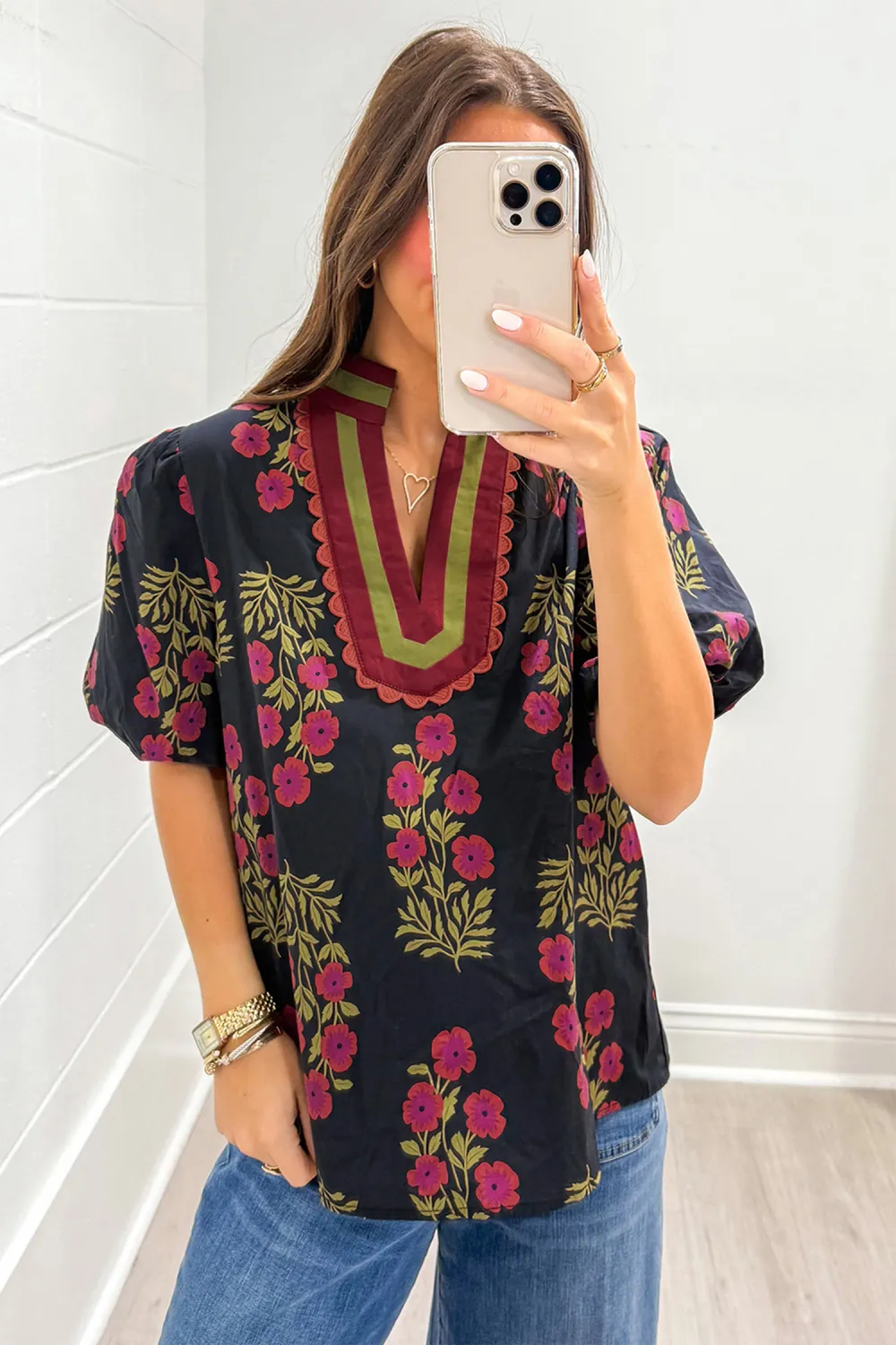 Black Floral Short Bubble Sleeve Blouse