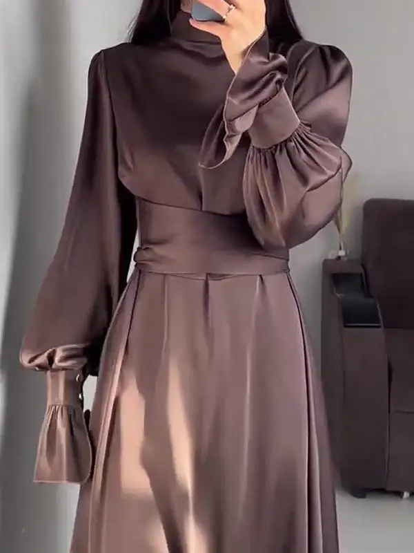 Sleeves Color Pleated Long Neck Maxi Dress