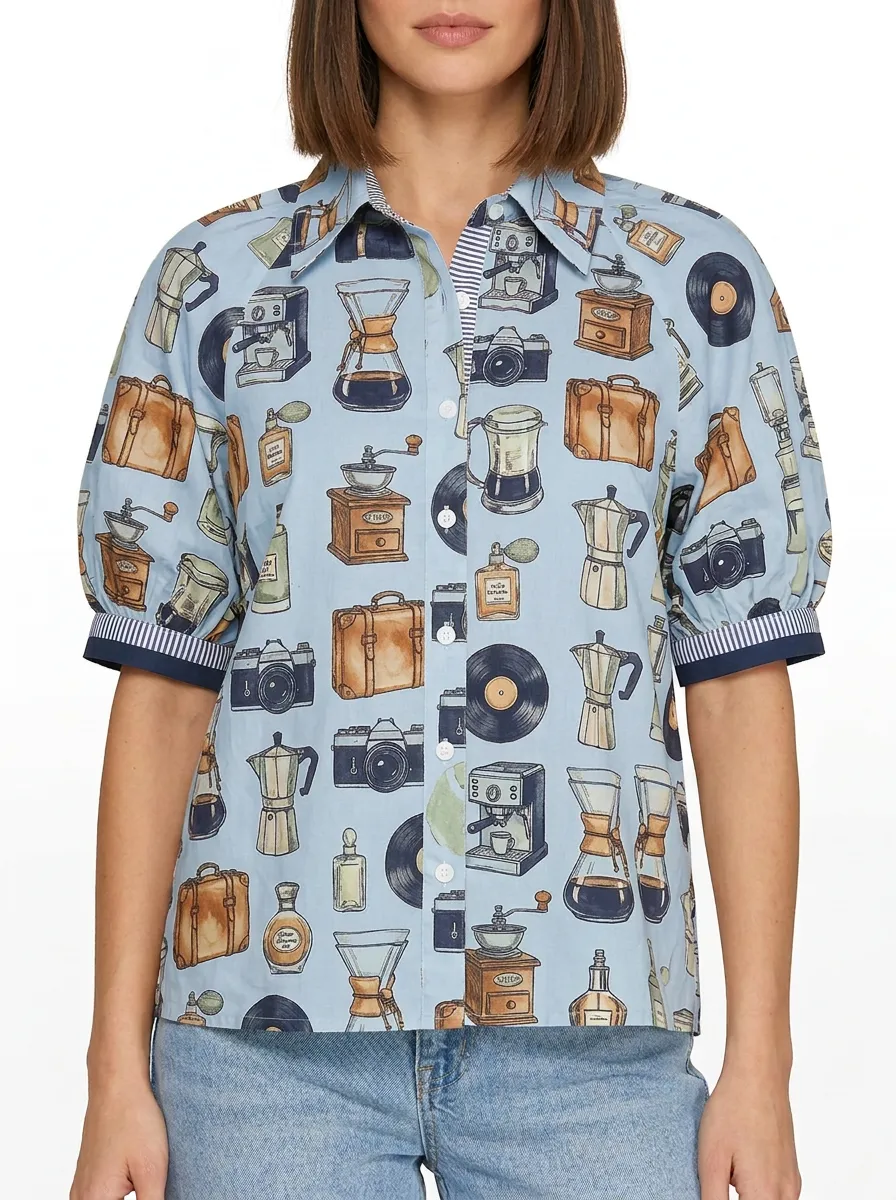Women's Coffee Camera Vinyl Record Printed Shirt