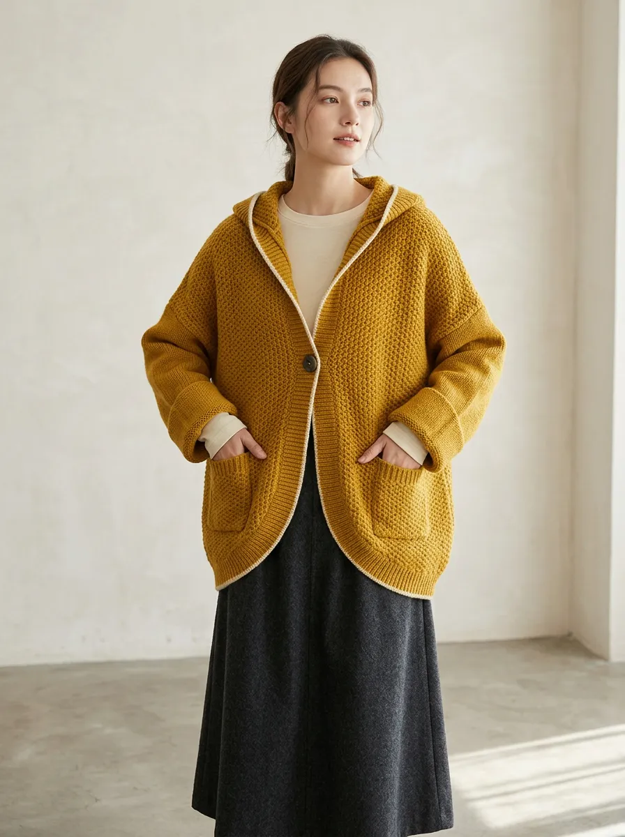 Women's Honeycomb-Knit Button-Front Patch-Pocket Drop-Shoulder Hooded Cardigan