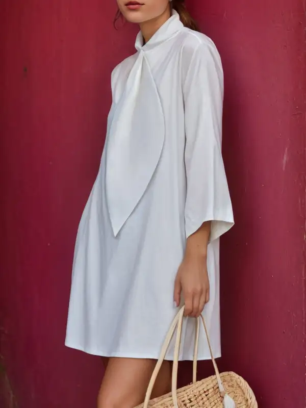 Solid Color Relaxed Three Quarter Sleeve Stand Collar Shirt Dress Mini