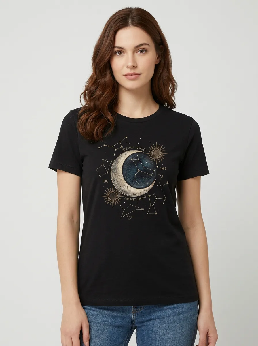 Women's Celestial Journey Moon Constellation Printed T-shirt