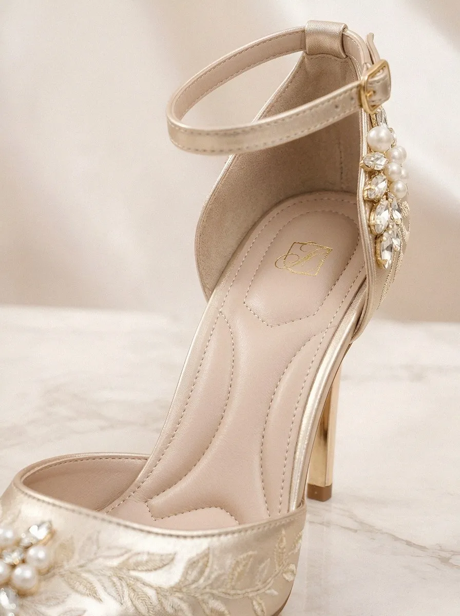 Rhinestone Pearl Floral Embroidered Women's Formal High Heels