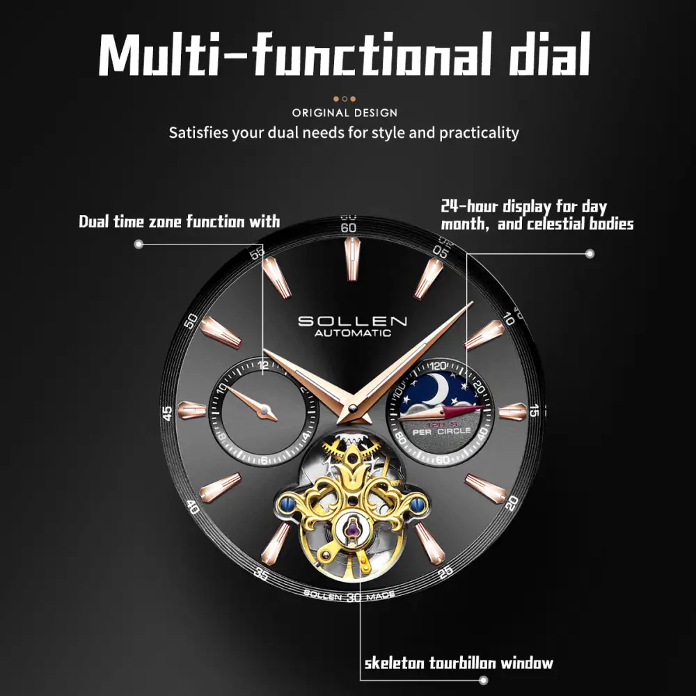 Sollen SL306 Men's Open Heart Automatic Mechanical Watch - 41mm Stainless Steel Case Moon Phase Dual Time Luminous Dial Wristwatch