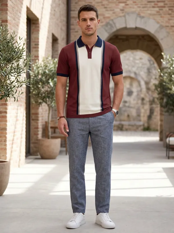 Men's Vintage Style Colorblock Striped Casual Polo Shirt