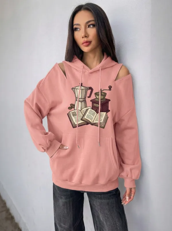 Women's Coffee Book Moka Pot Grinder Graphic Cold-Shoulder Hoodie