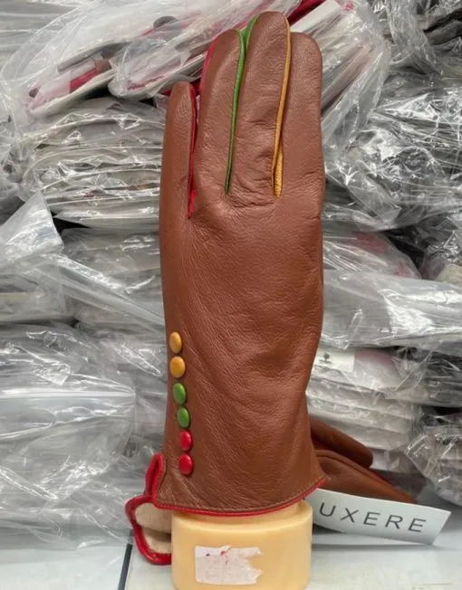Three Tone Button Leather Gloves