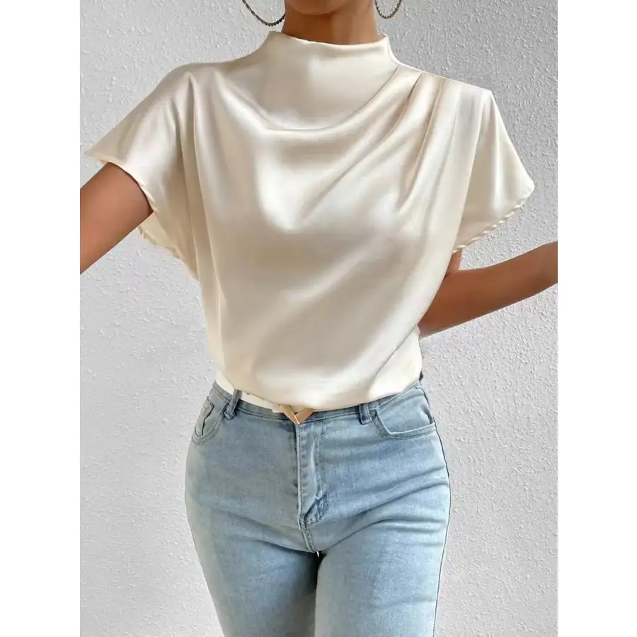 Mock Neck Short Sleeve Satin Blouse