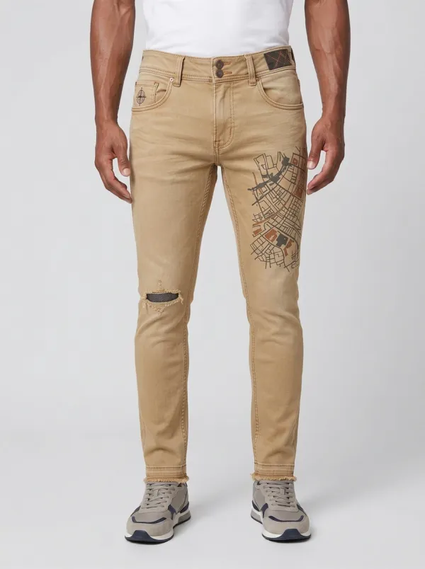 Men's City Map Compass Graphic Printed Slim-Fit Jeans