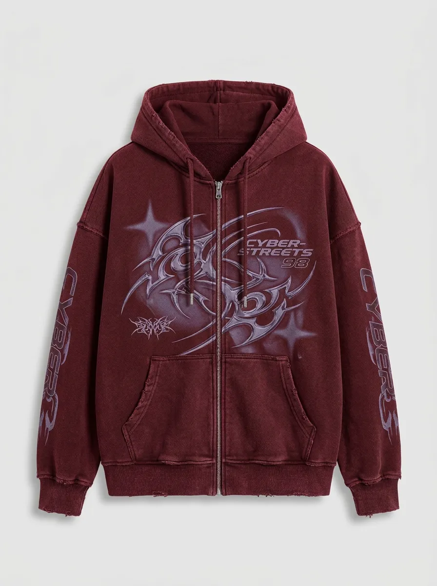 Unisex Streetwear Cyber Tribal Graphic Printed Zip Up Hoodie