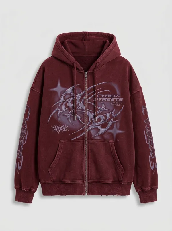 Unisex Streetwear Cyber Tribal Graphic Printed Zip Up Hoodie