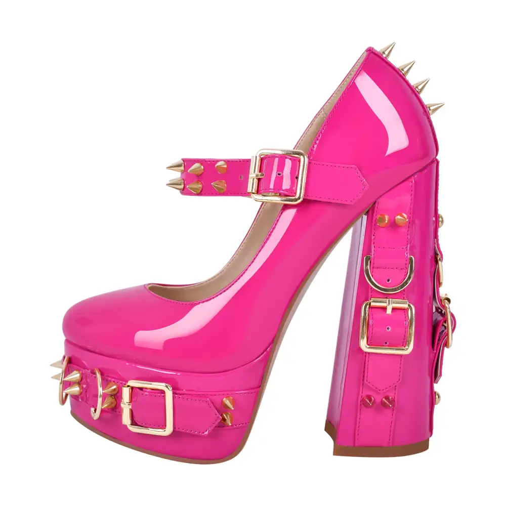 Patent Finish Rivet Round Toe Platform Chunky Heel Pumps