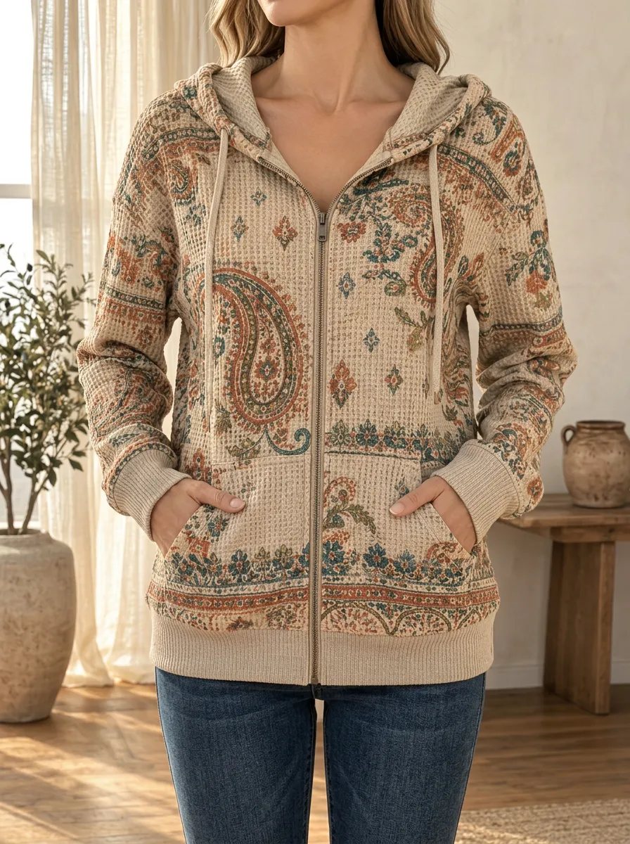 Women's Boho Paisley Signature Theme Waffle Zip-Up Hoodie