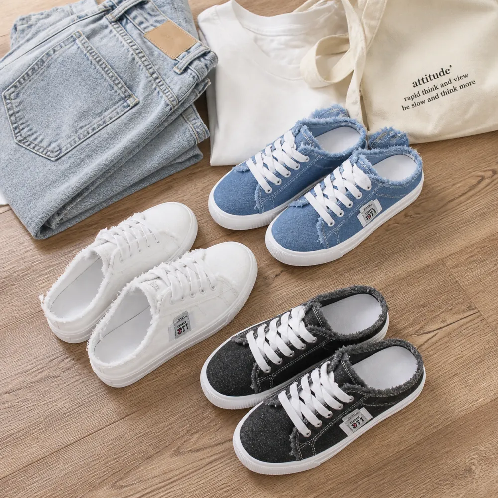Frayed Denim Slip On Sneakers