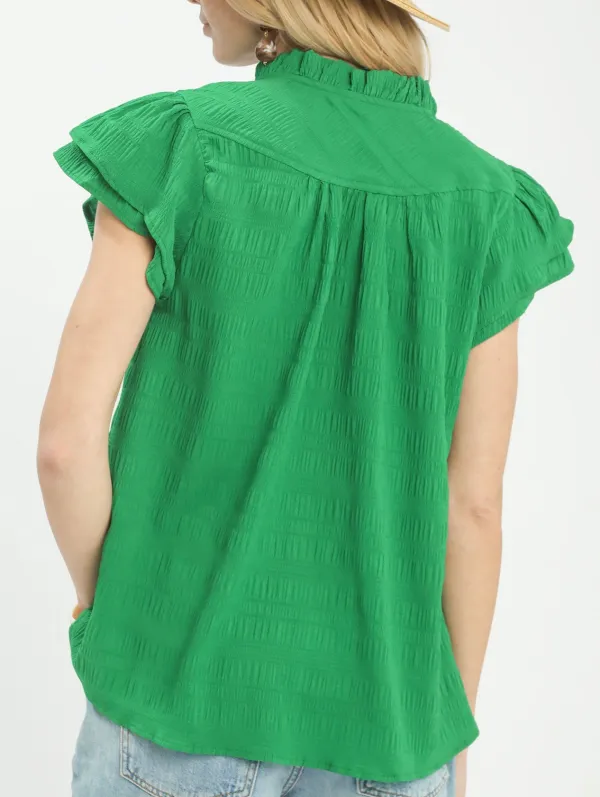 Textured Flutter Sleeve Split Neck Top