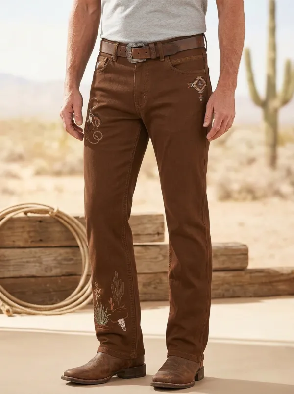 Men's Ranch Inspired Western Cowboy Rodeo Cactus Skull Jeans