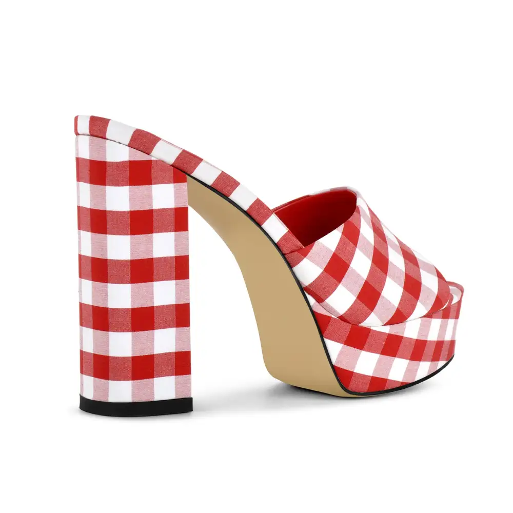 Round Toe Platform Plaid Chunky Heel Mule Sandals