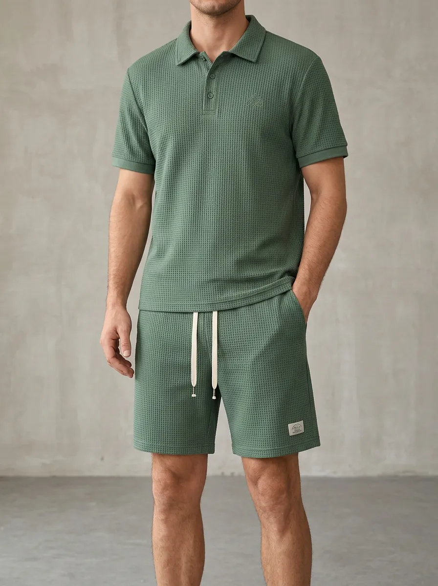 Men's Relaxed Waffle Knit Textured Polo Shirt