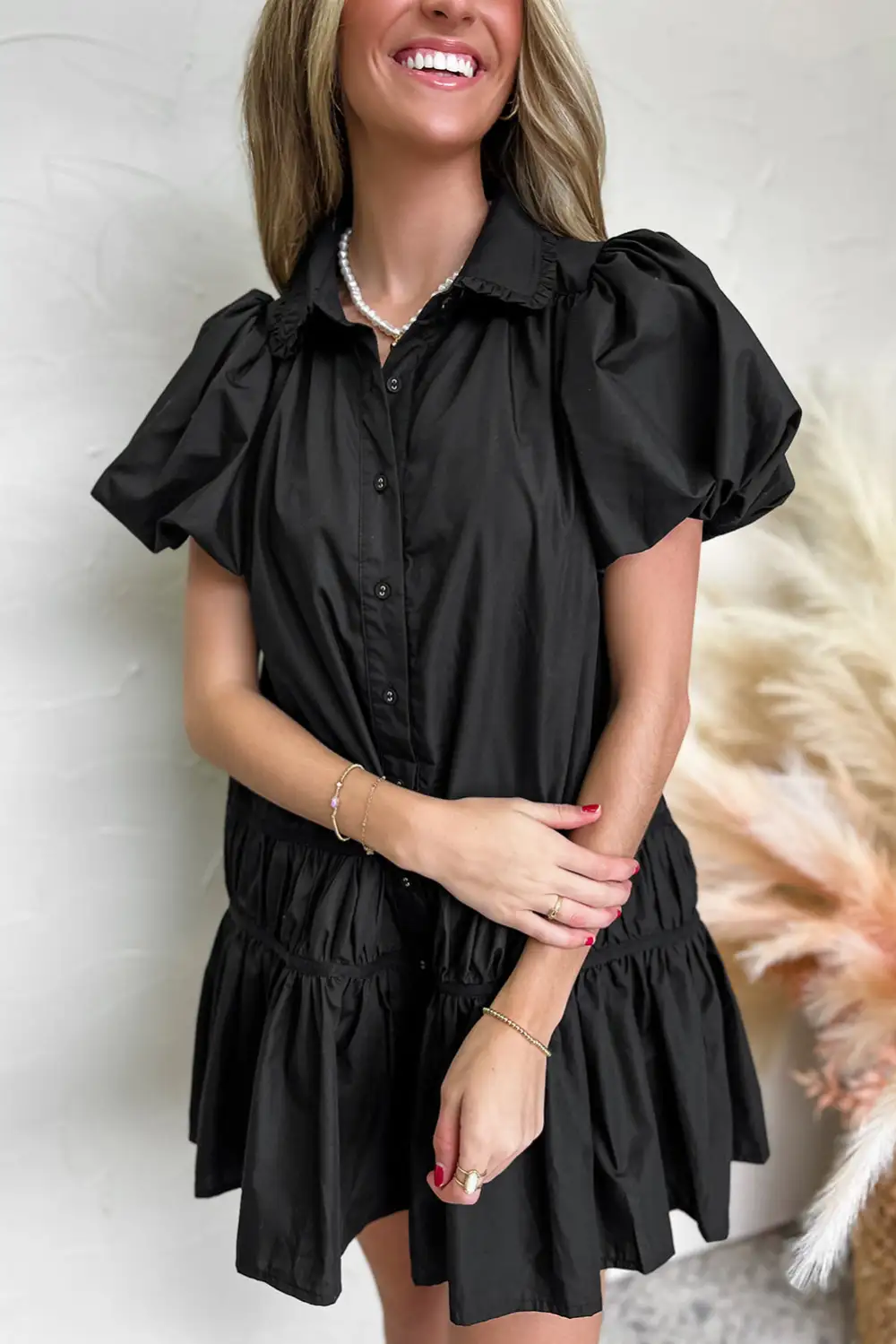 Shirt Style Button Down Puff Sleeve Ruffle Hem Dress
