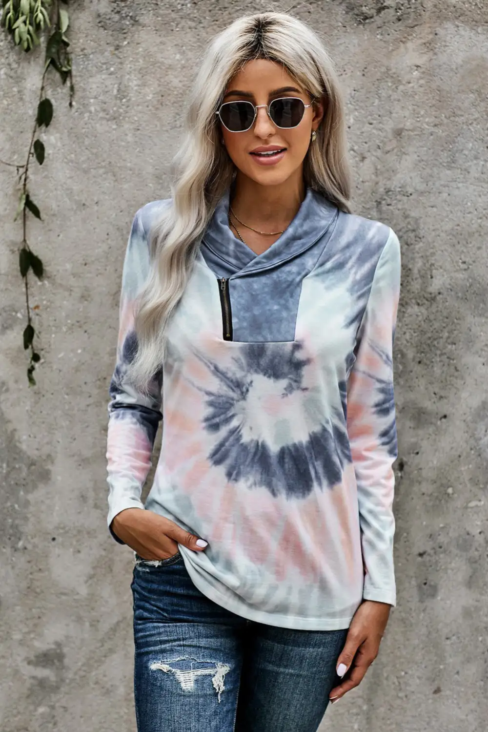 Tie Dye Print Zipper Top