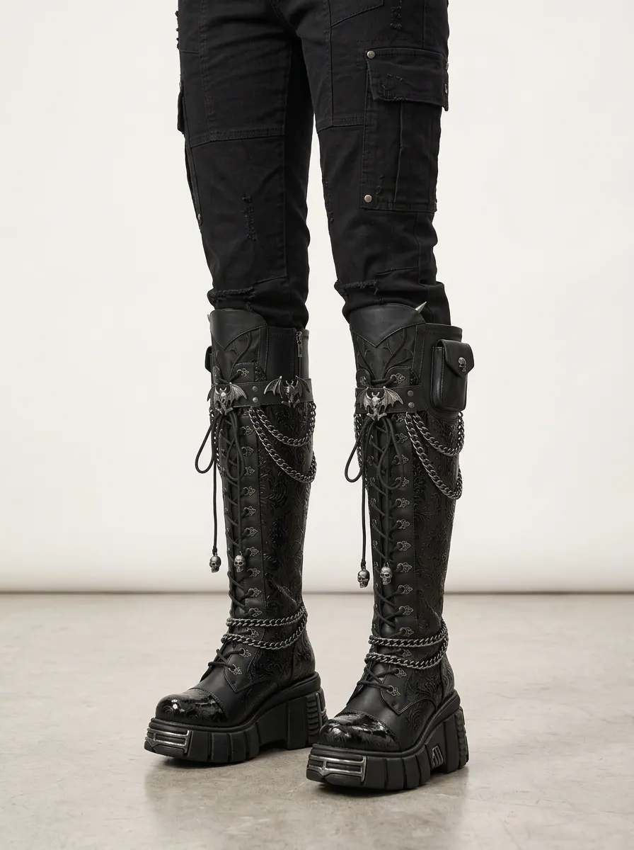 Heritage Skull Bat Chain Finish Women's Gothic Platform Knee High Boots