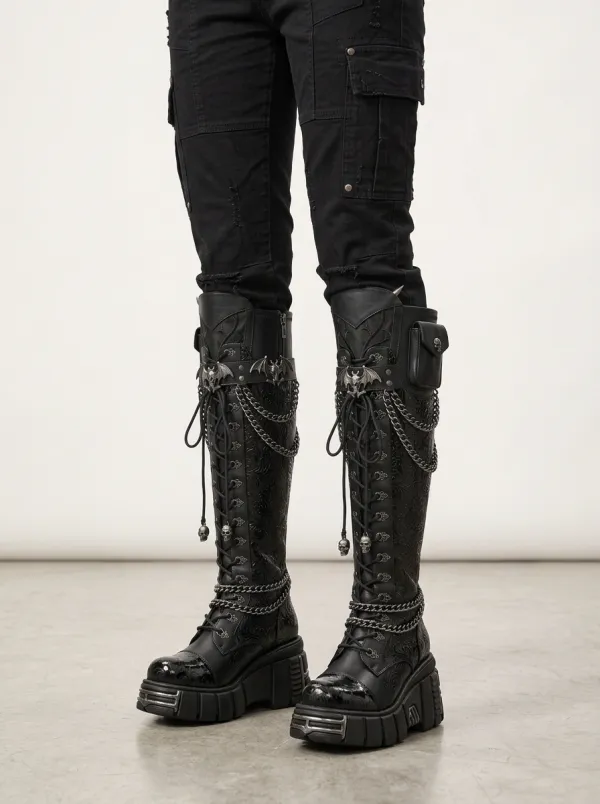 Heritage Skull Bat Chain Finish Women's Gothic Platform Knee High Boots