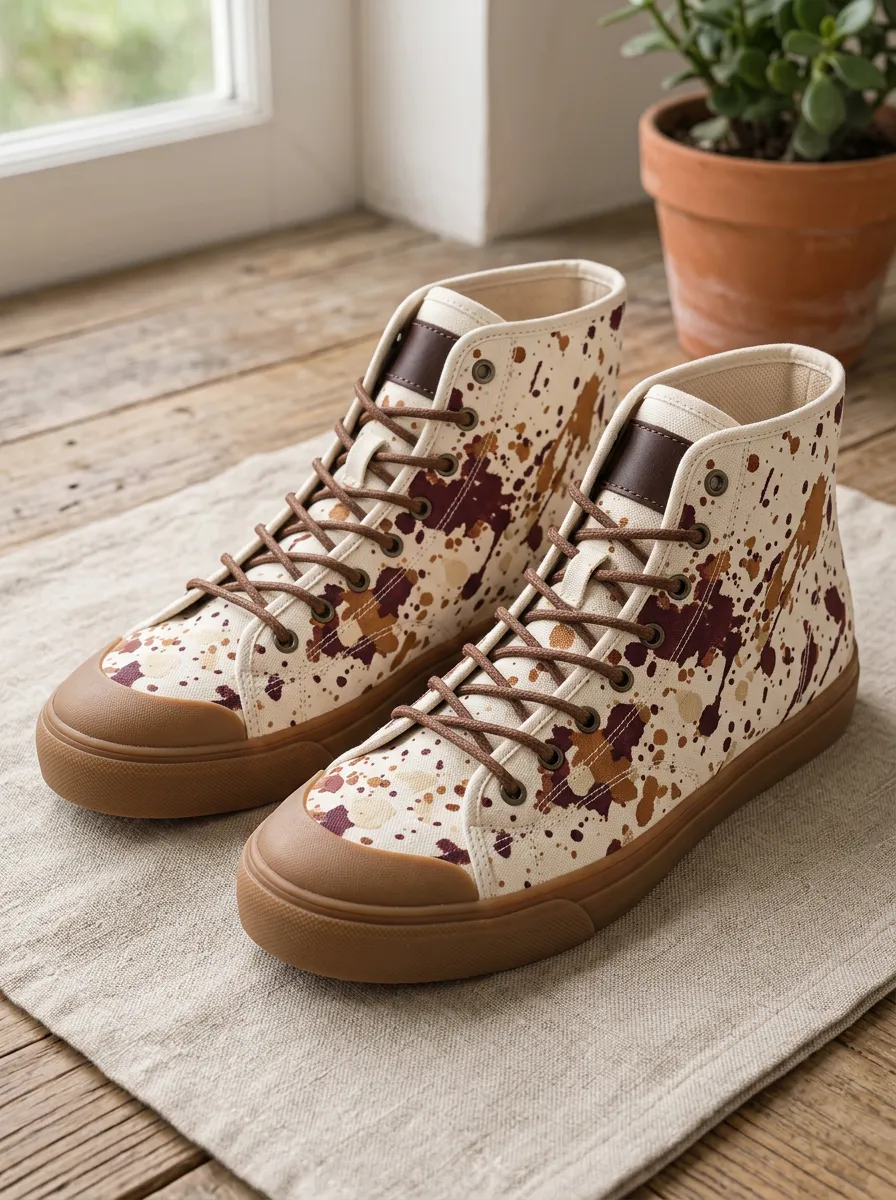 Men's Paint Splatter Brown Ink Printed Canvas Shoes
