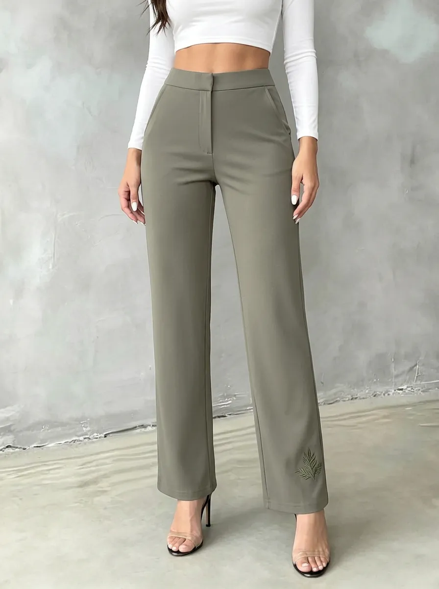 Women's Classic Comfort Fern Leaf Printed Mid Rise Straight Leg Pants