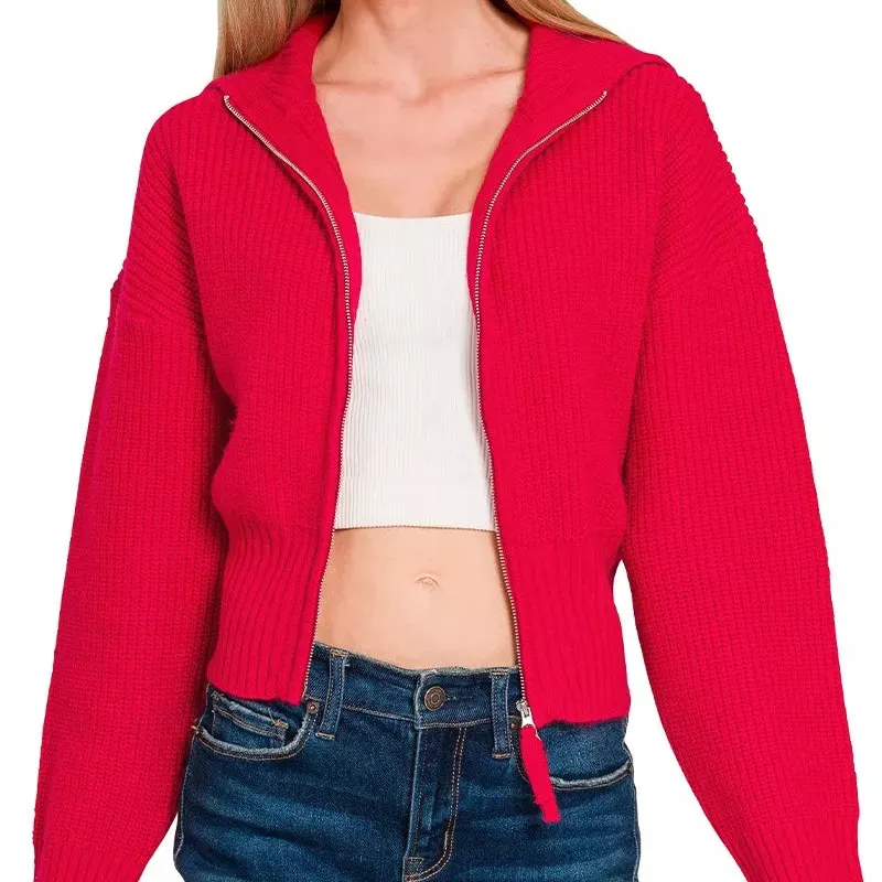 Cropped Zip Up Hooded Ribbed Knit Cardigan