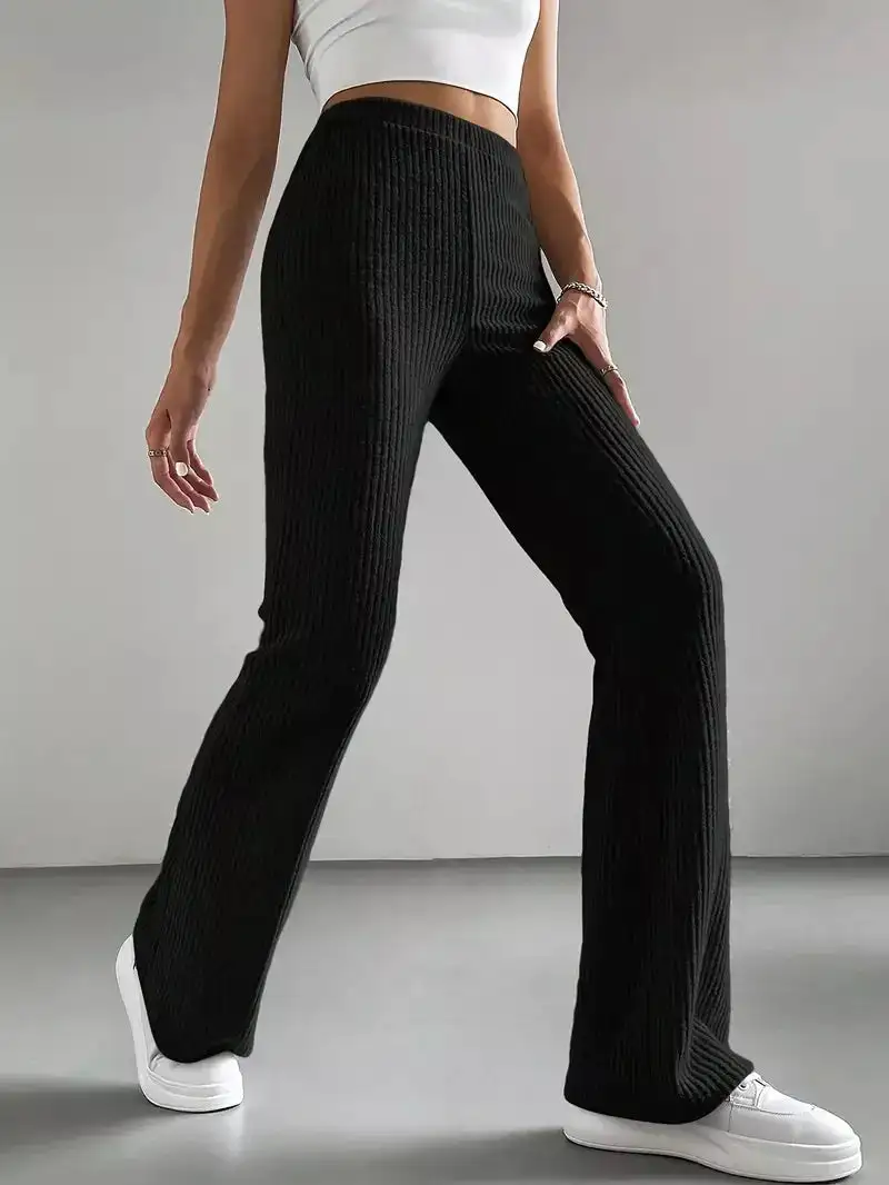 Classic Ribbed Knit High Waist Flare Pants