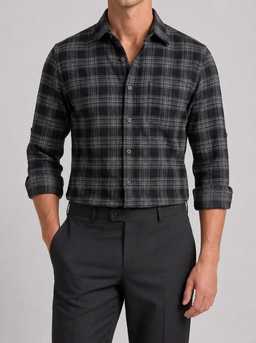 Men's Casual Style Grey Black Plaid Pattern Long Sleeve Shirt