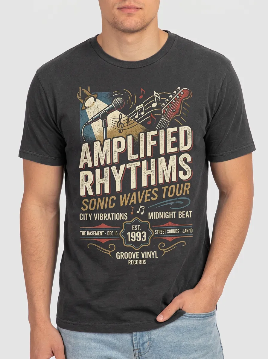 Men's Music Lover Amplified Rhythms Guitar Microphone Printed T-shirt