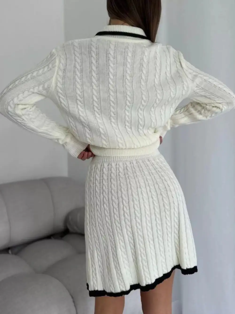 Cable Knit Long Sleeve Top and Skirt Sweater Set