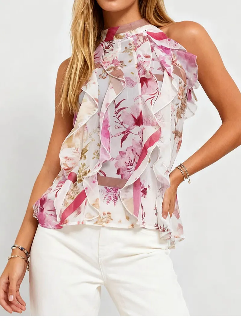 Boho Tiered Ruffle Sheer Sleeveless Top