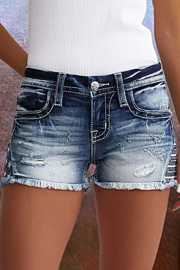 Embroidered Ripped Raw Hem Denim Shorts